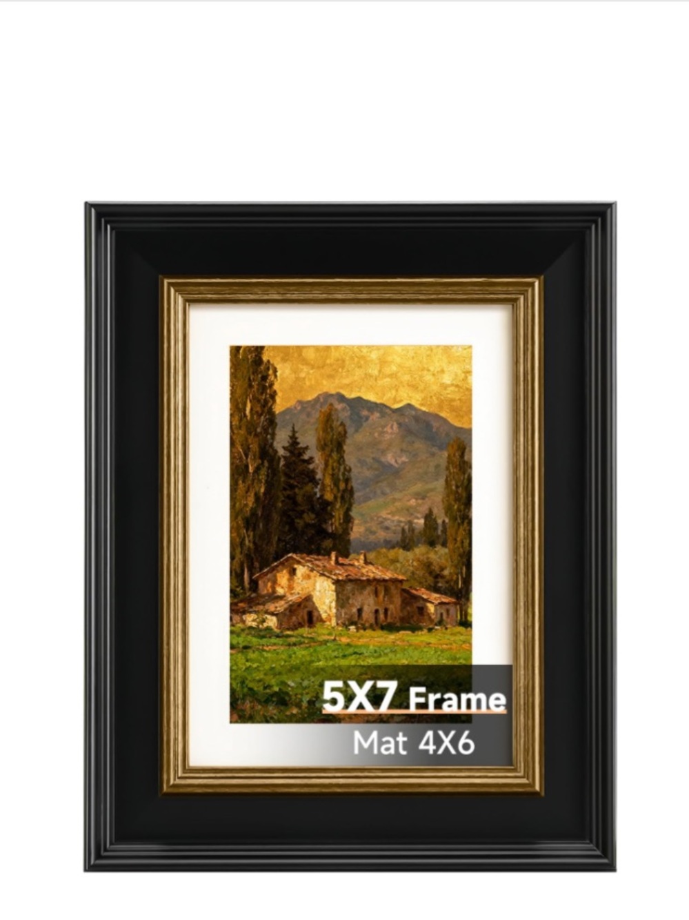 Black Picture Frame with Gold Trim with Tempered Glass 5x7”
